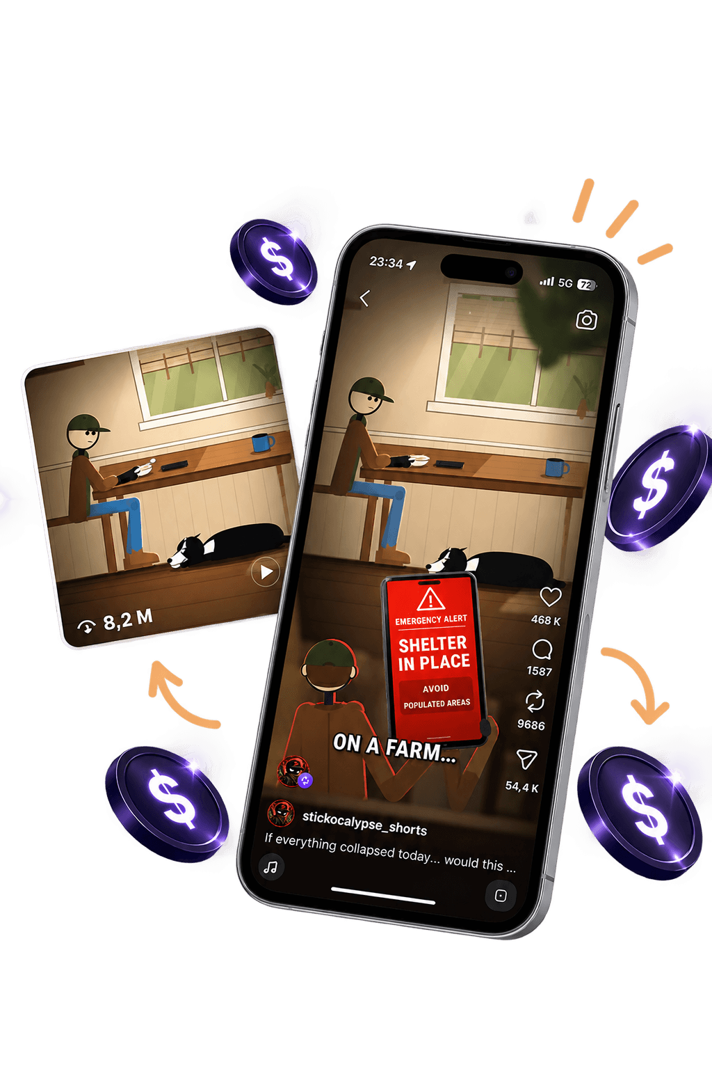 Aperçu de l'application StickTrend sur un téléphone, avec des badges décoratifs